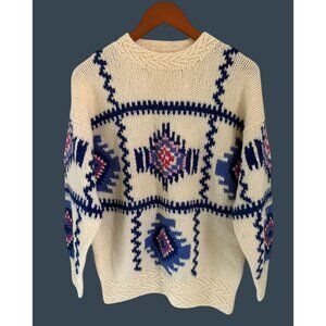 Hand-Knitted Shetland Wool Sweater By Susann D M Cream Blue Pink Aztec Tribal -